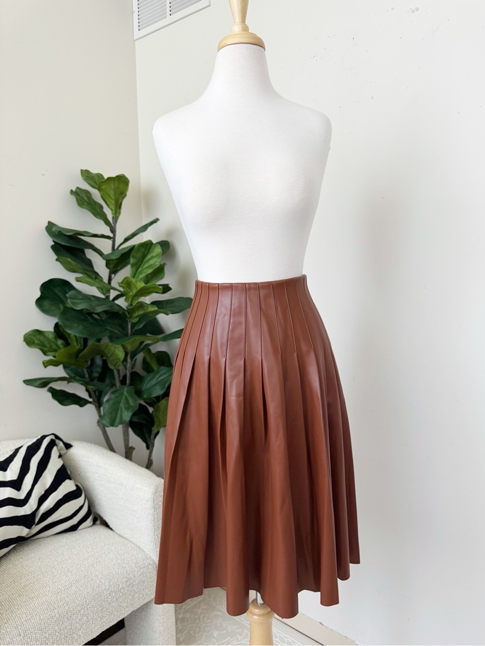 A-Line Faux Leather Midi Skirt - Brown - Picture 4 of 14